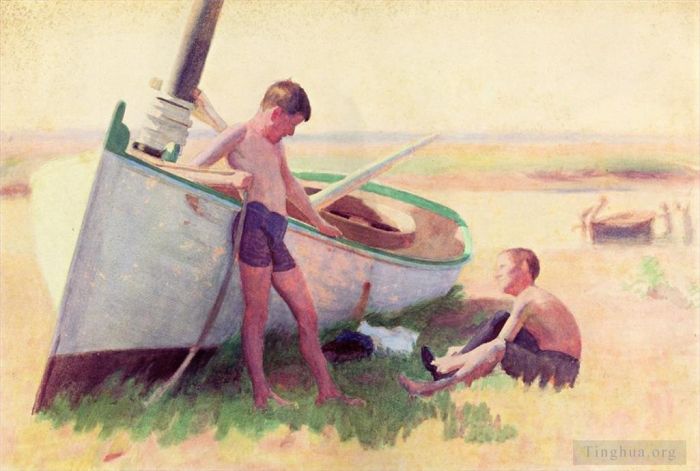 托马斯·波洛克·安舒茨 的各类绘画作品 -  《两个男孩在五月岬附近的船上》