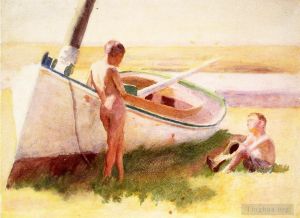 艺术家托马斯·波洛克·安舒茨作品《两个男孩在一条船上》