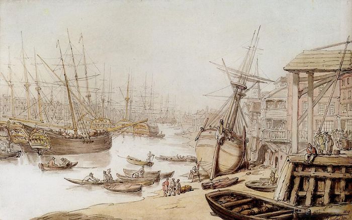托马斯·罗兰森 的各类绘画作品 -  《泰晤士河上的景色，码头上有无数的船只和人物》