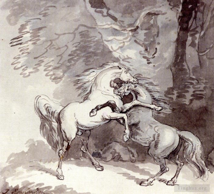 托马斯·罗兰森 的各类绘画作品 -  《马匹在林地小路上打斗》