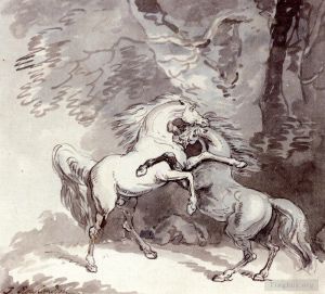 艺术家托马斯·罗兰森作品《马匹在林地小路上打斗》