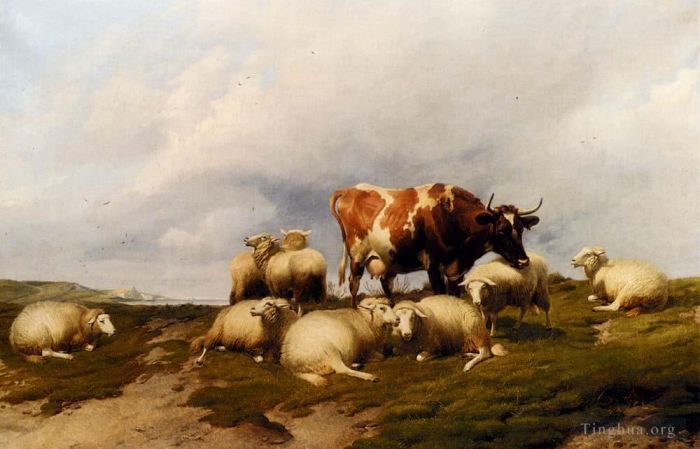 托马斯·辛德尼·库珀 的油画作品 -  《悬崖上的牛和羊》