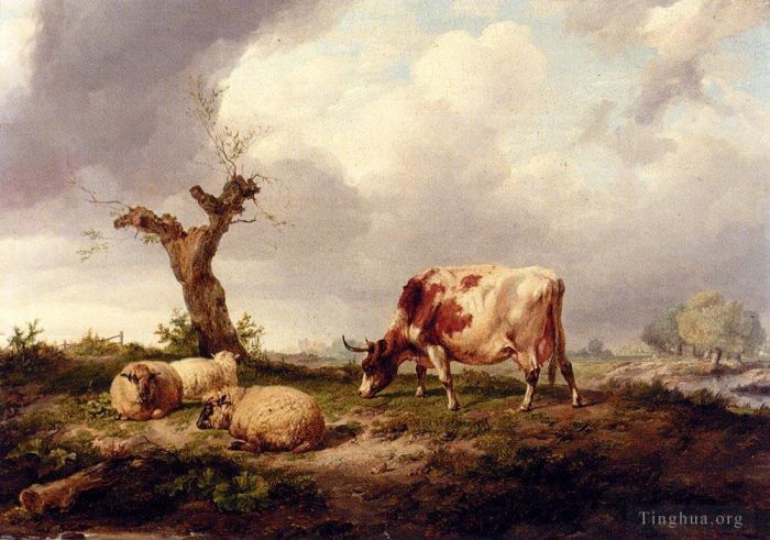托马斯·辛德尼·库珀 的油画作品 -  《风景中的一头牛和羊》