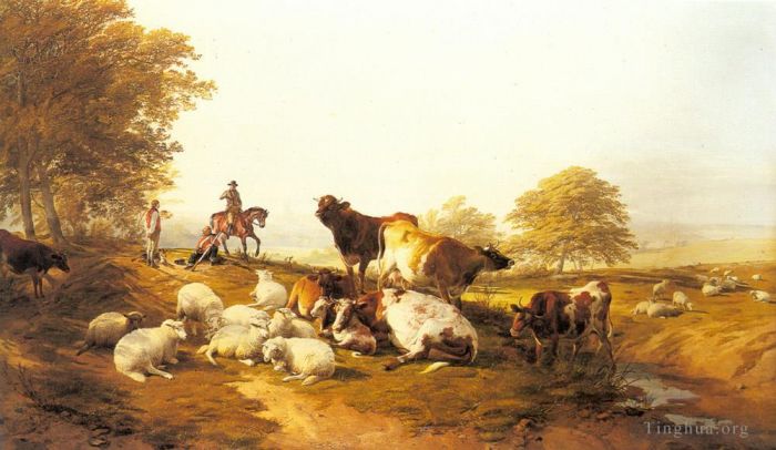 托马斯·辛德尼·库珀 的油画作品 -  《牛羊在广阔的风景中休息》