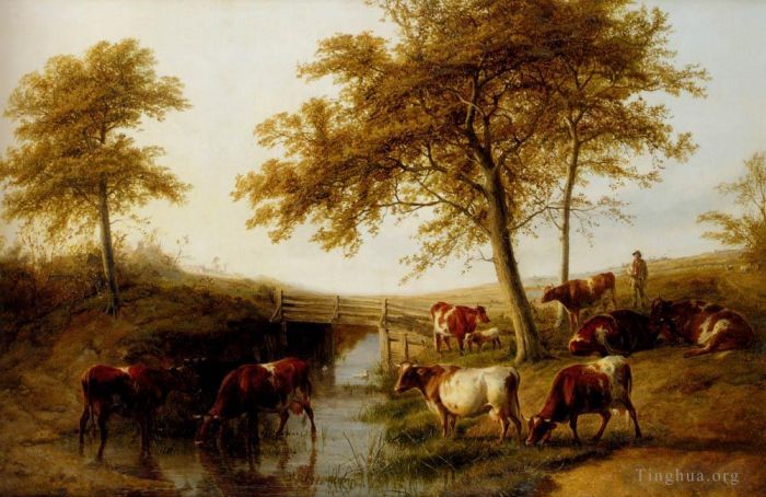 托马斯·辛德尼·库珀 的油画作品 -  《牛在溪边休息》