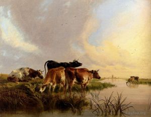 艺术家托马斯·辛德尼·库珀作品《牛饮水》