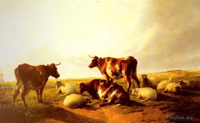 托马斯·辛德尼·库珀 的油画作品 -  《风景中的牛羊》