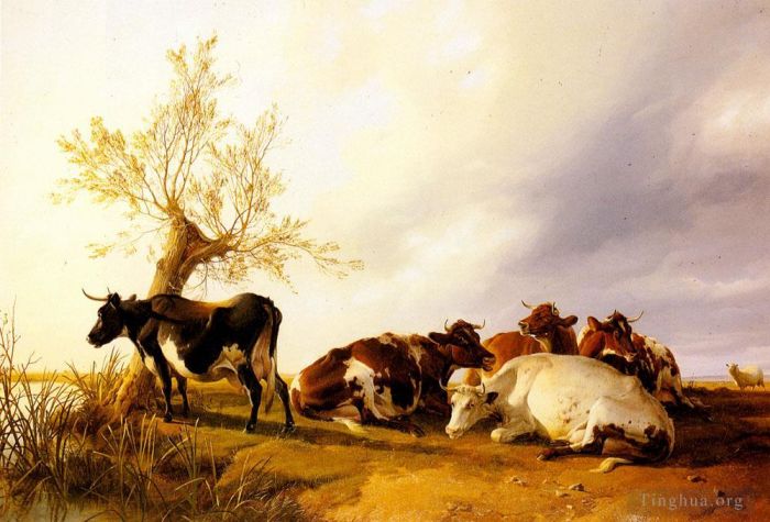 托马斯·辛德尼·库珀 的油画作品 -  《奶牛休息》