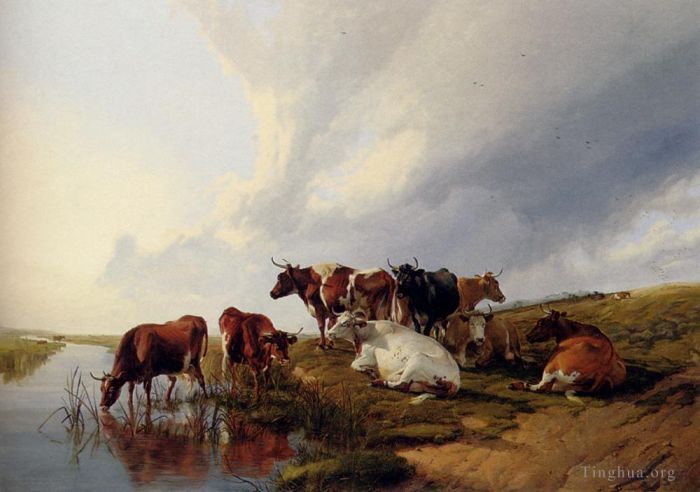 托马斯·辛德尼·库珀 的油画作品 -  《晚上在草地上》