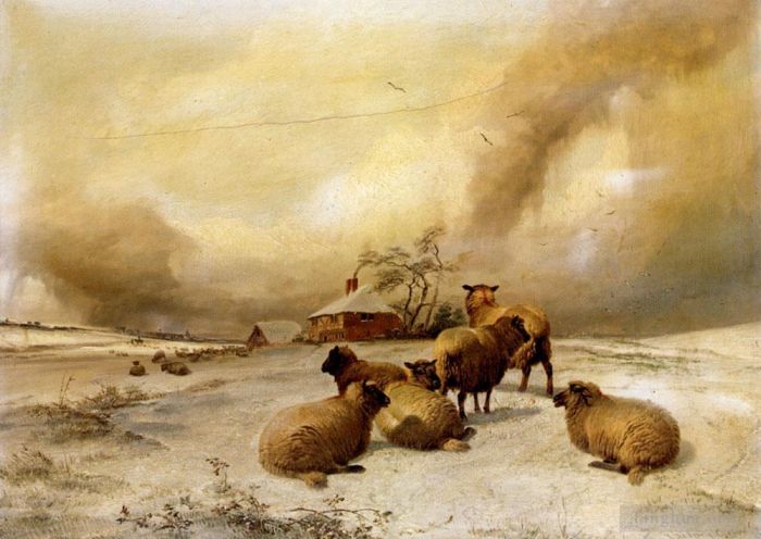 托马斯·辛德尼·库珀 的油画作品 -  《羊在冬天风景羊》