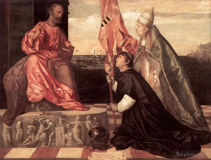 提香 的油画作品 -  《丁托列托教皇亚历山大四世向圣彼得赠送雅各布·佩萨罗》