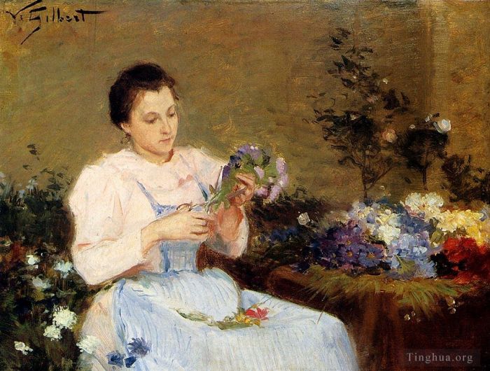 维克多·加布里埃尔·吉尔伯特 的油画作品 -  《为春天花束插花》