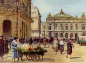 艺术家维克多·加布里埃尔·吉尔伯特作品《巴黎歌剧院卖花人广场》