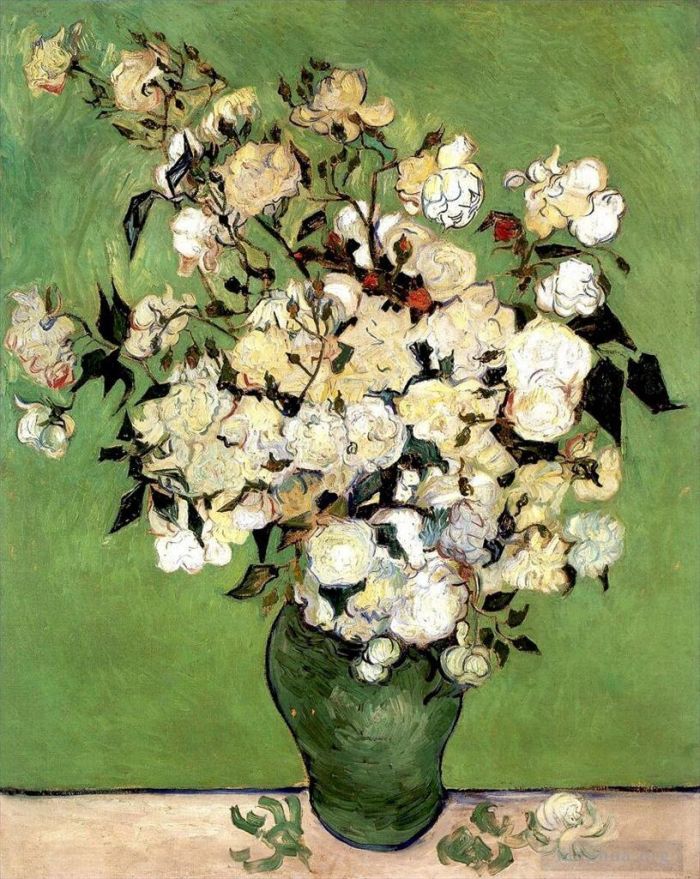 文森特·威廉·梵高 的油画作品 -  《一插满玫瑰的花瓶》