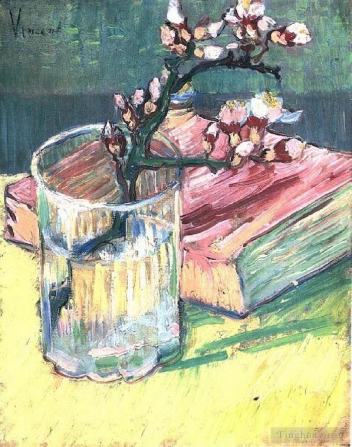 文森特·威廉·梵高 的油画作品 -  《玻璃杯中盛开的杏仁枝和一本书》