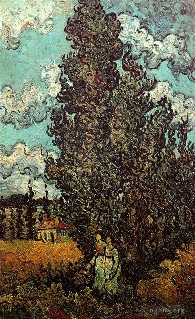 文森特·威廉·梵高 的油画作品 -  《柏树和两个女人》