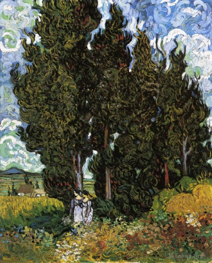 文森特·威廉·梵高 的油画作品 -  《柏树与两个女人》