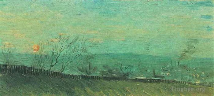 文森特·威廉·梵高 的油画作品 -  《月光下从山坡上看到的工厂》