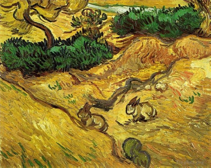 文森特·威廉·梵高 的油画作品 -  《有两只兔子的田野》