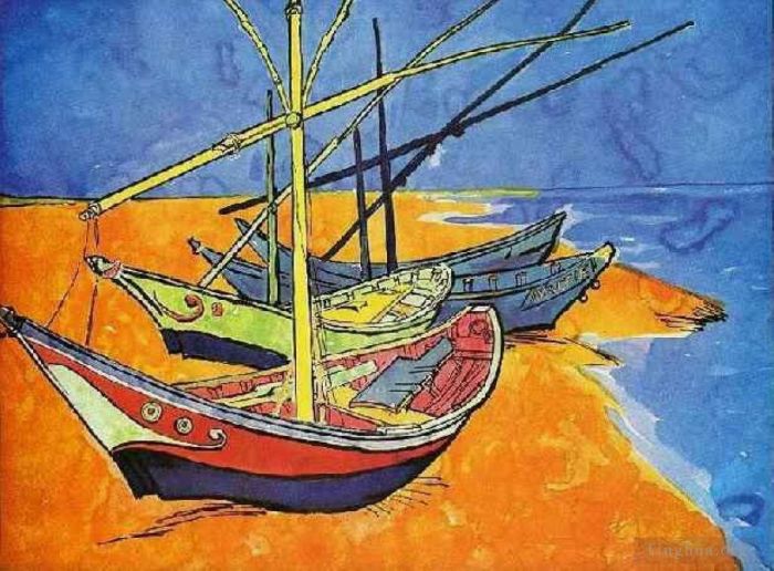 文森特·威廉·梵高 的油画作品 -  《圣玛丽德拉梅尔海滩上的渔船》