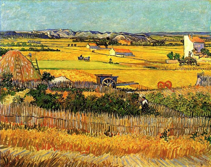 文森特·威廉·梵高 的油画作品 -  《拉克劳,(La,Crau),的收获季，背景是蒙马儒,(Montmajour)》