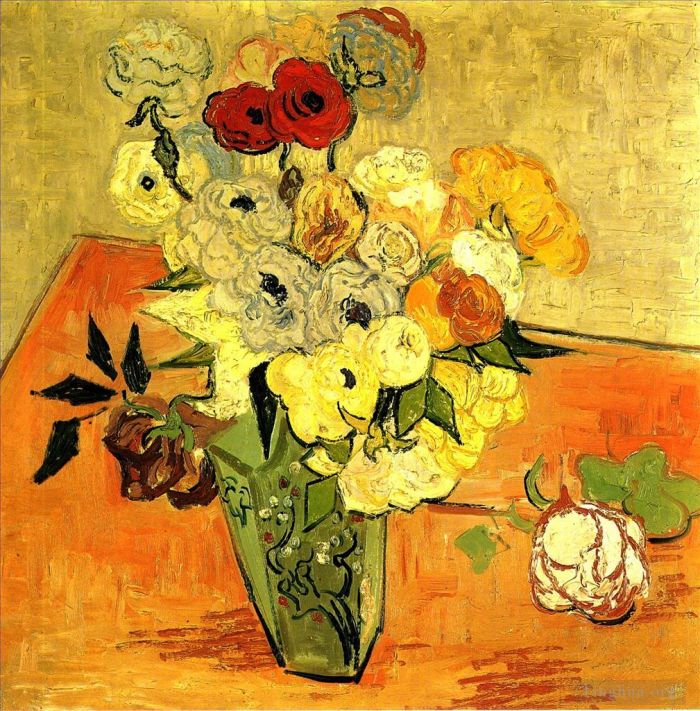 文森特·威廉·梵高 的油画作品 -  《日本花瓶，插着玫瑰和海葵》