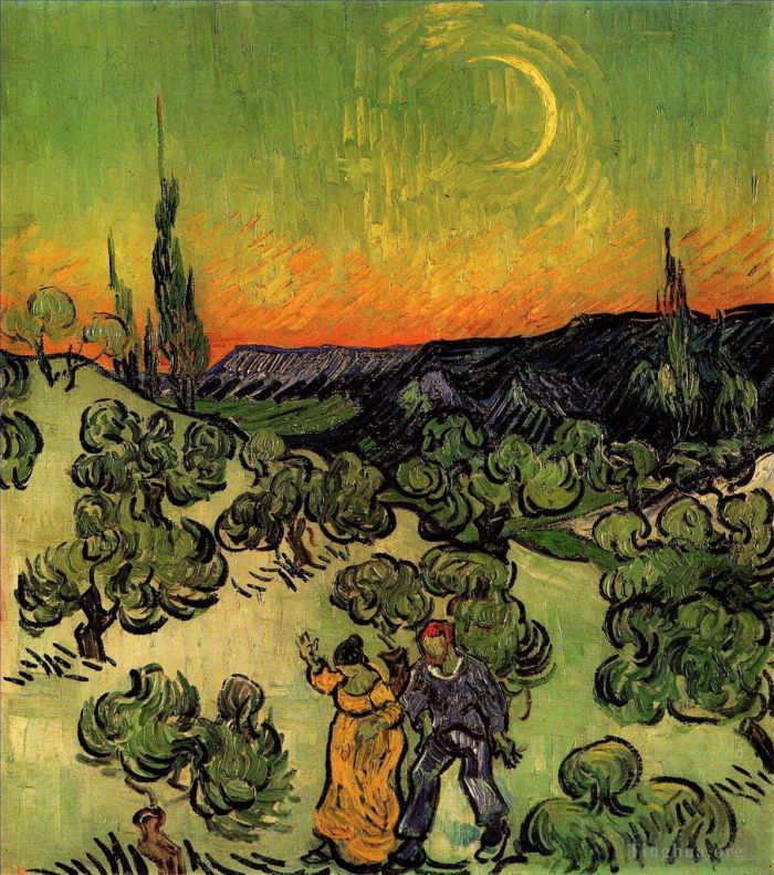 文森特·威廉·梵高 的油画作品 -  《风景与情侣散步和新月》