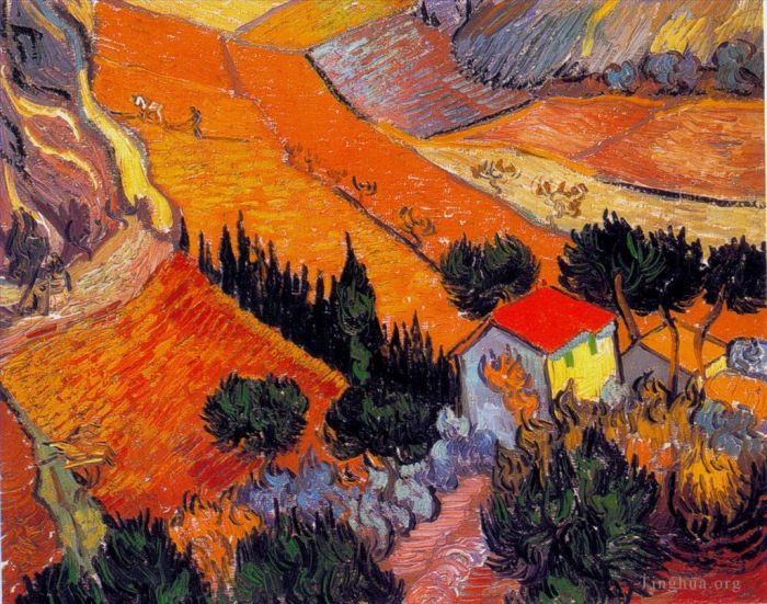 文森特·威廉·梵高 的油画作品 -  《风景与房子和农夫》