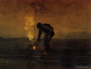 艺术家文森特·威廉·梵高作品《烧杂草的农民》