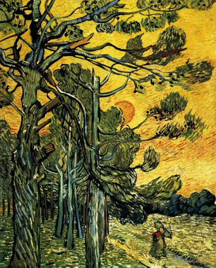 文森特·威廉·梵高 的油画作品 -  《松树映衬着夕阳红的天空》