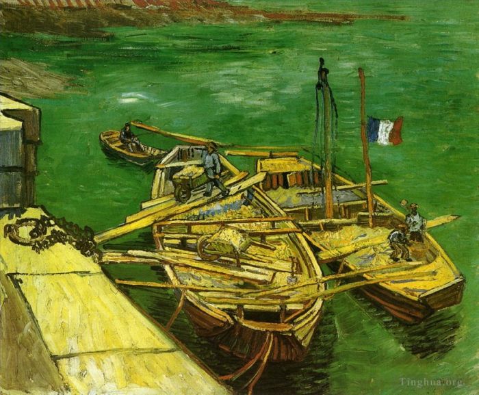 文森特·威廉·梵高 的油画作品 -  《码头上有人正在卸沙驳船》
