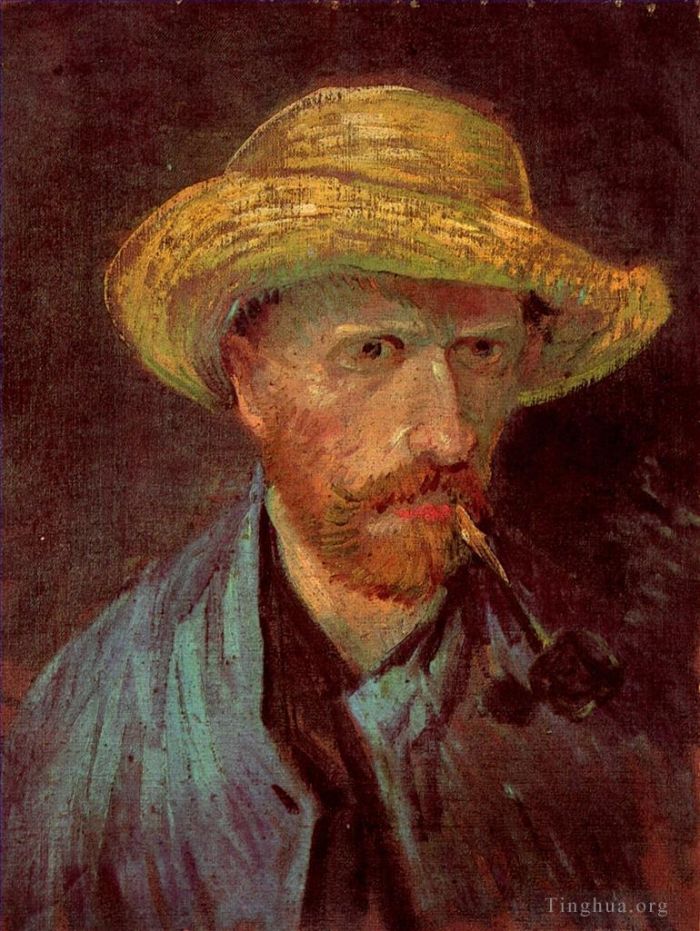 文森特·威廉·梵高 的油画作品 -  《戴草帽叼烟斗的自画像》
