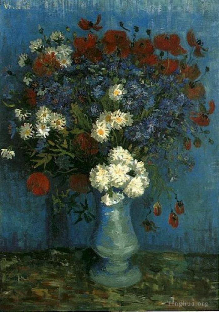 文森特·威廉·梵高 的油画作品 -  《有矢车菊和罂粟的静物花瓶》