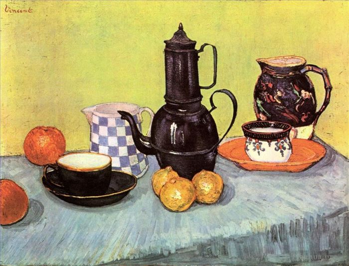 文森特·威廉·梵高 的油画作品 -  《静物与蓝色搪瓷咖啡壶陶器和水果》