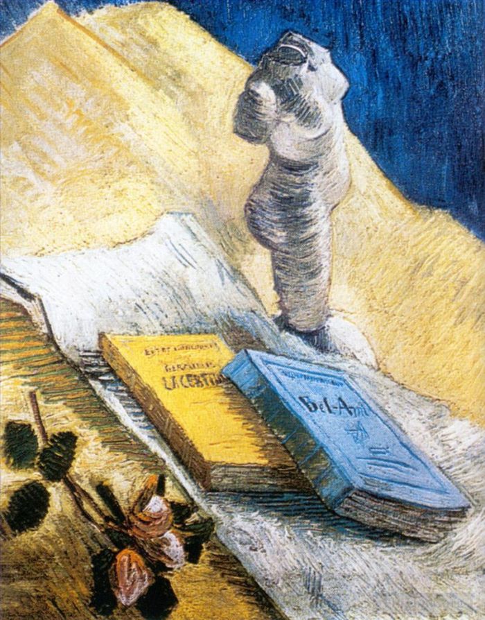 文森特·威廉·梵高 的油画作品 -  《静物与石膏雕像一朵玫瑰和两本小说》