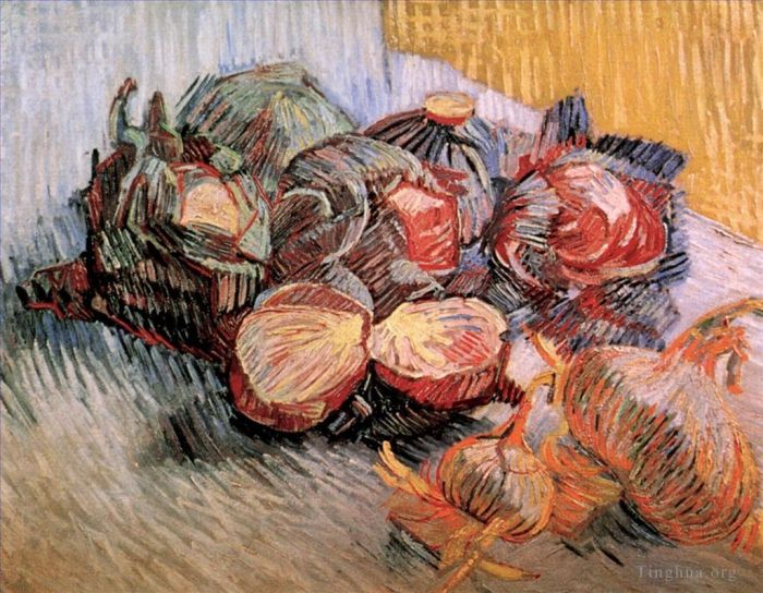 文森特·威廉·梵高 的油画作品 -  《静物与红甘蓝和洋葱》