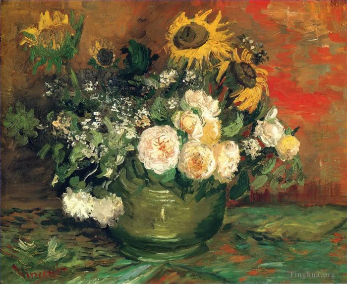 文森特·威廉·梵高 的油画作品 -  《有玫瑰花和向日葵的静物》