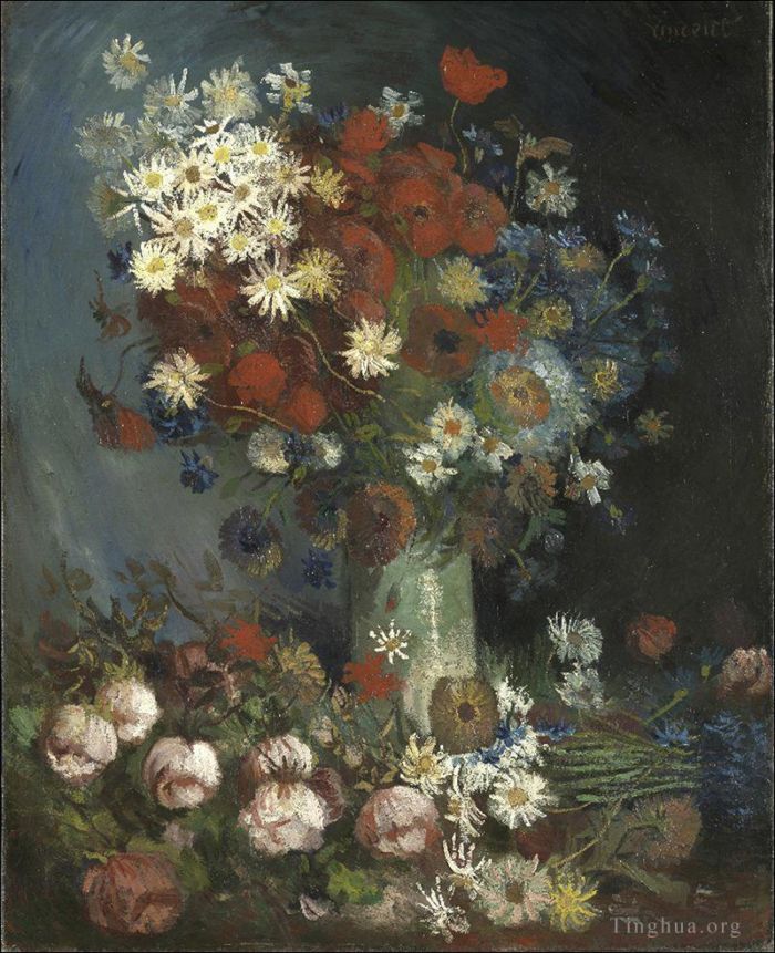 文森特·威廉·梵高 的油画作品 -  《静物与草甸花和玫瑰》