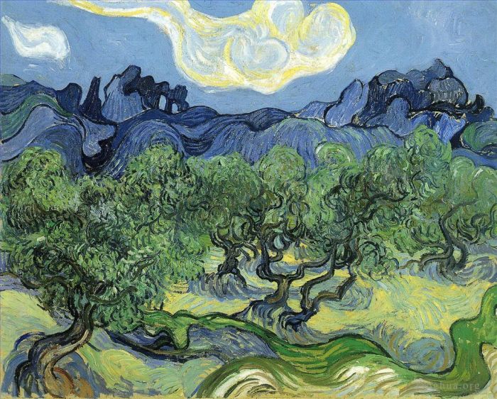 文森特·威廉·梵高 的油画作品 -  《前景有橄榄树的阿尔皮勒山》