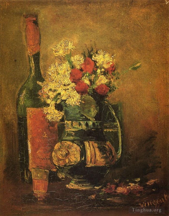 文森特·威廉·梵高 的油画作品 -  《有康乃馨和瓶子的花瓶》