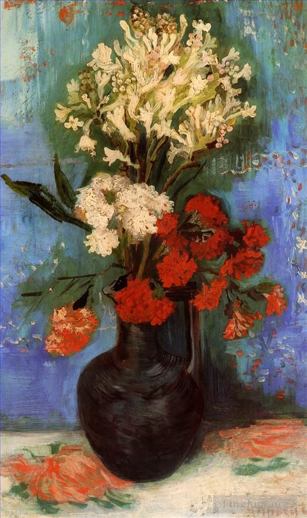 文森特·威廉·梵高 的油画作品 -  《有康乃馨和其他鲜花的花瓶》