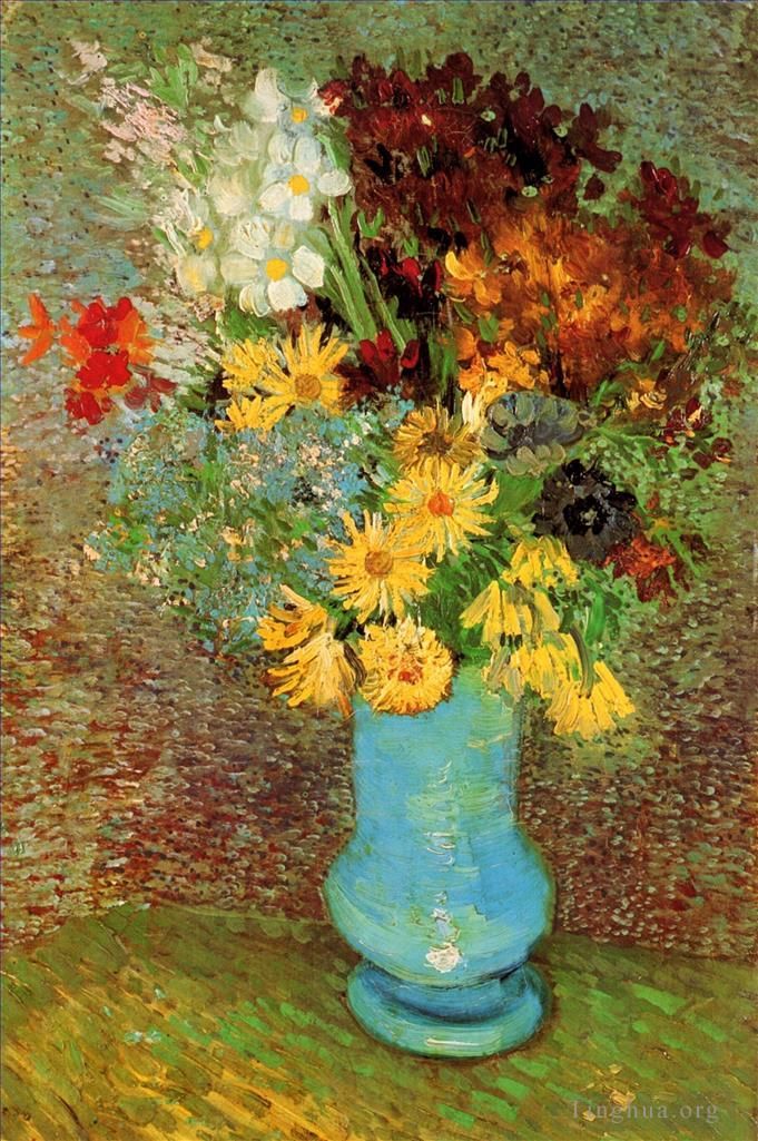 文森特·威廉·梵高 的油画作品 -  《有雏菊和海葵的花瓶》