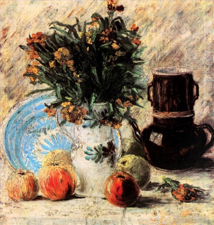 文森特·威廉·梵高 的油画作品 -  《有花咖啡壶和水果的花瓶》