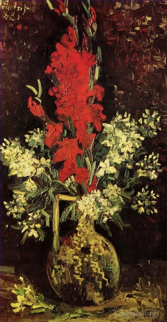文森特·威廉·梵高 的油画作品 -  《花瓶与剑兰和康乃馨,2》