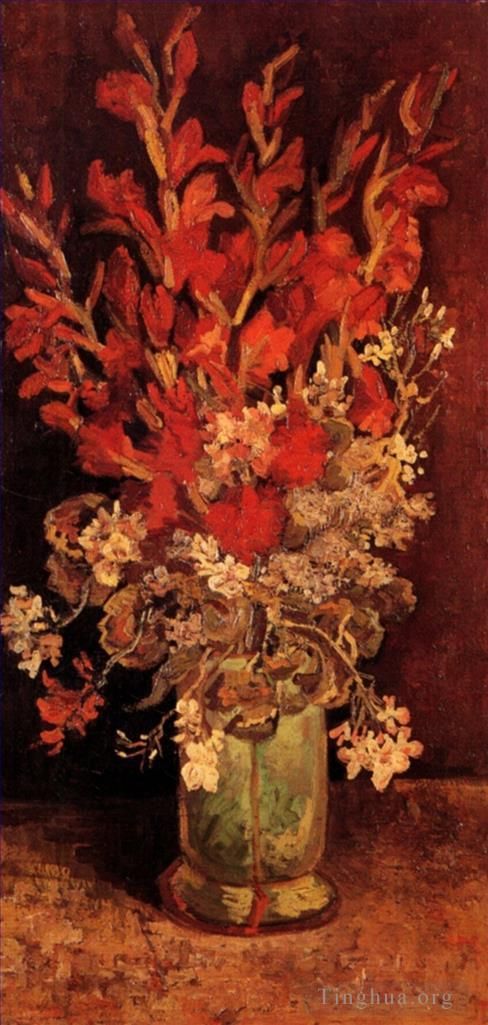 文森特·威廉·梵高 的油画作品 -  《花瓶与剑兰和康乃馨》