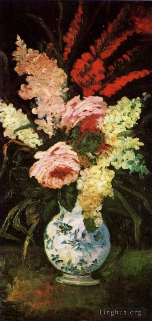 文森特·威廉·梵高 的油画作品 -  《有剑兰和丁香的花瓶》