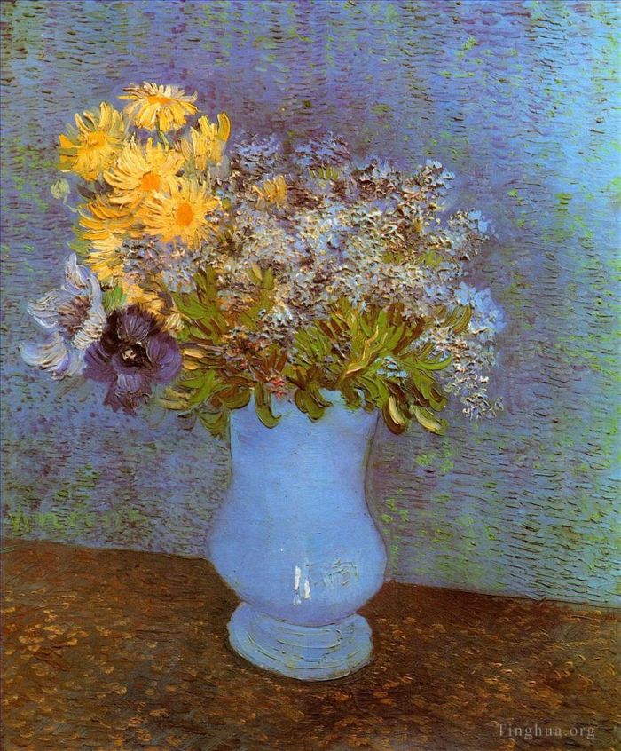 文森特·威廉·梵高 的油画作品 -  《有丁香雏菊和海葵的花瓶》