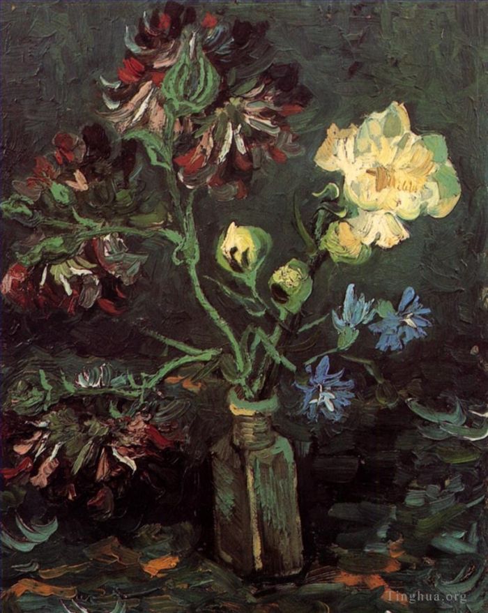 文森特·威廉·梵高 的油画作品 -  《花瓶与勿忘草和牡丹》