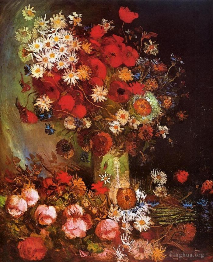 文森特·威廉·梵高 的油画作品 -  《花瓶里有罂粟,矢车菊,牡丹和菊花》