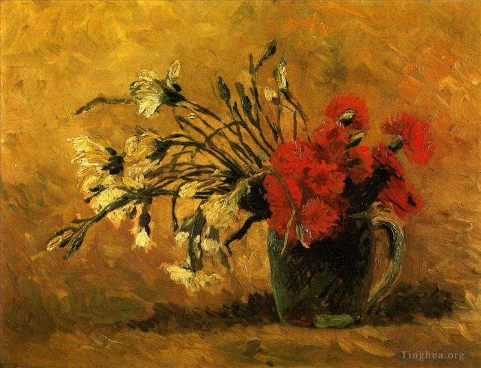 文森特·威廉·梵高 的油画作品 -  《黄色背景上有红色和白色康乃馨的花瓶》